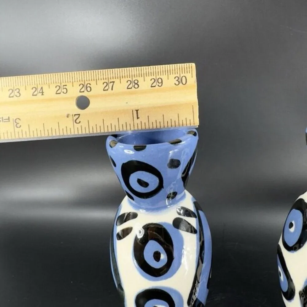 Hand Painted Vintage Pottery Candle Stick Holder Set 2 Signed YCHUK Abstract‎ 2